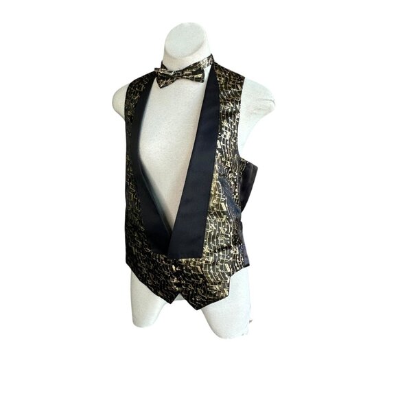 Southeastern Vintage Men's Formal Black Gold Musical Vest and Bow Tie Size Large - Picture 1 of 7